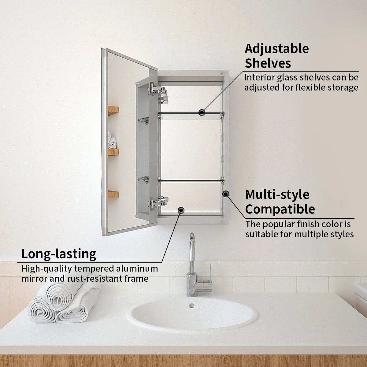 12 in. x 24 in. Frameless Recessed or Surface-Mount Beveled Single Mirror Bathroom Medicine Cabinet