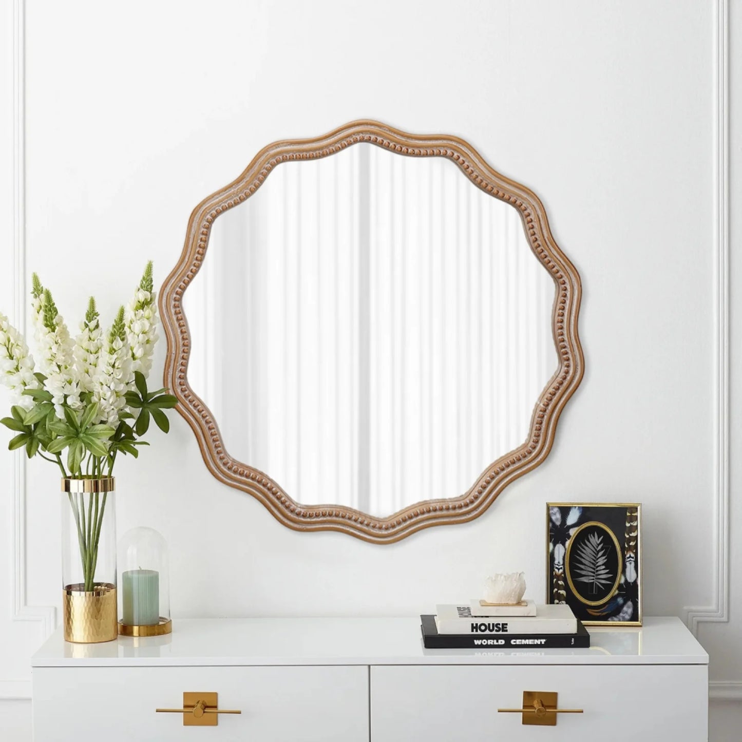 Honeey 24 Inch Circular Wave Wall Mirror, Large Decorative Wooden Frame Hanging Circular Mirror, Modern Farmhouse Decoration, Suitable for Bathroom, Living Room, Daycare Decoration