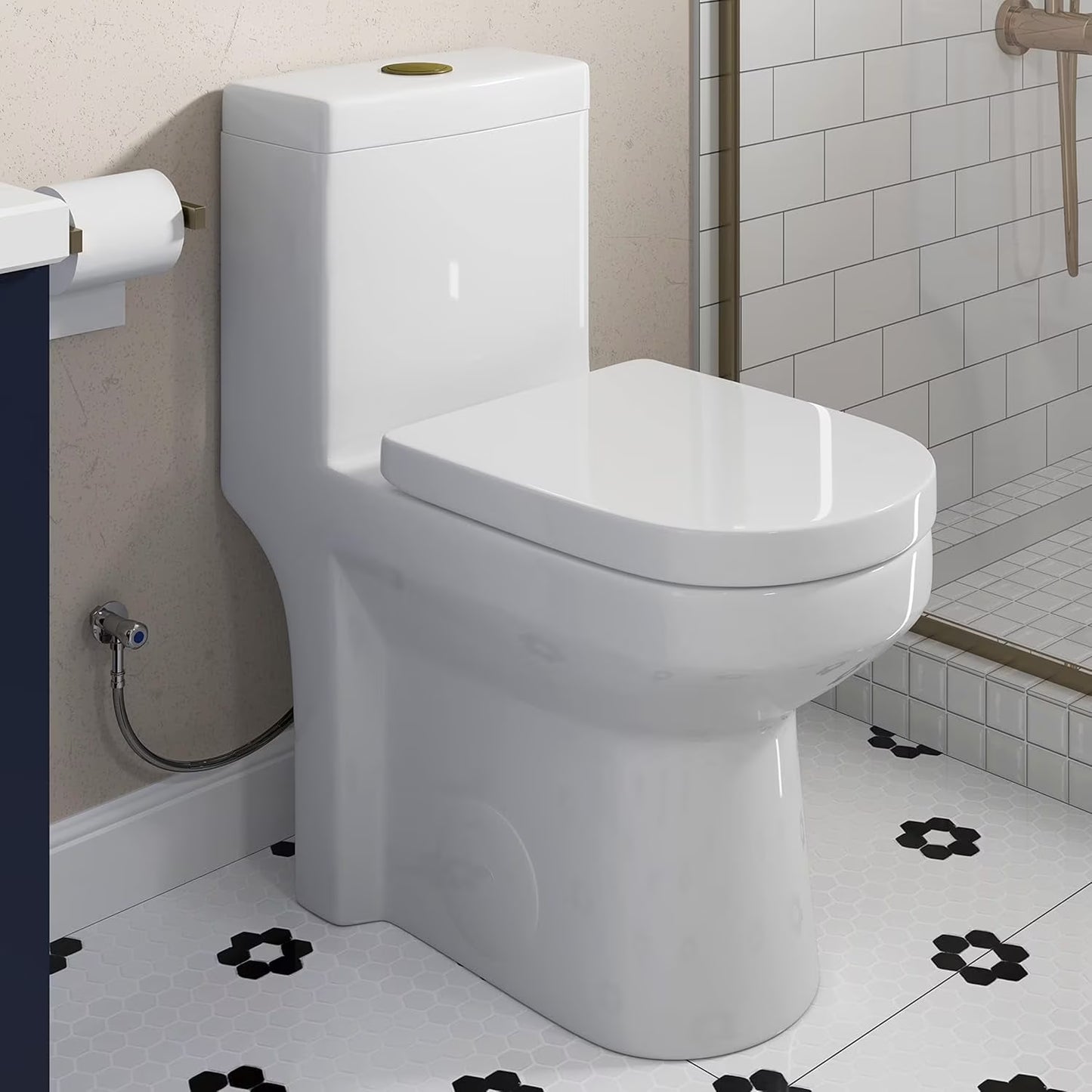HOROW Small Toilet One Piece Short Compact Bathroom Tiny Mini Commode Water Closet Dual Flush Concealed Trapway