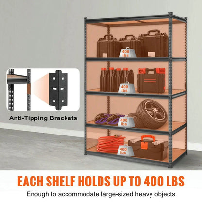 Choco Moon Heavy Duty 5-Tier Garage Shelves, 2000 lbs, Black Steel Organizer, Perfect for Kitchen Pantry, Basement, Bathroom, Laundry Room