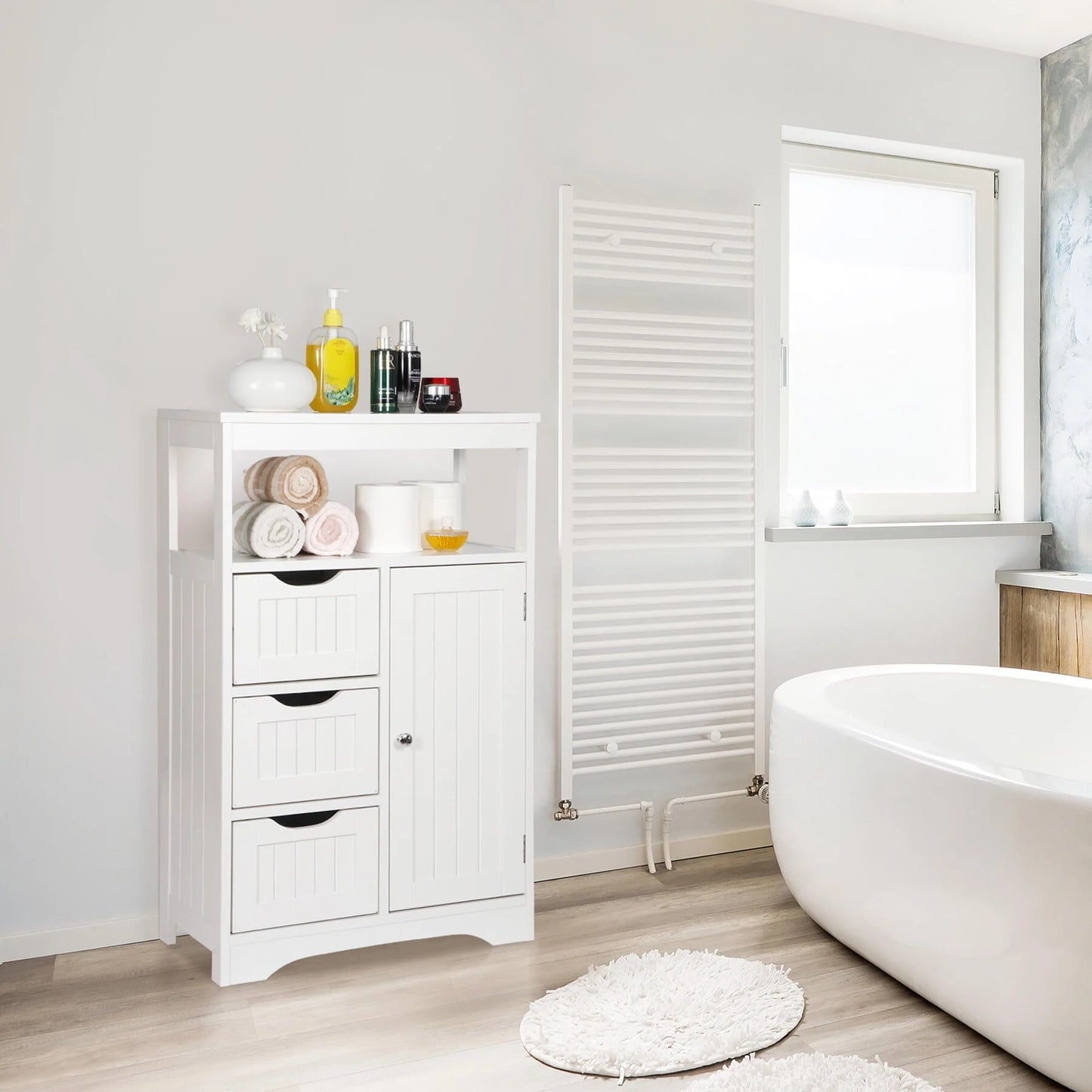 ZENY Bathroom Floor Cabinet, Free Standing Storage Cabinet with 3 Drawers and Adjustable Shelf, Modern Cupboard for Home Living Room Office, White