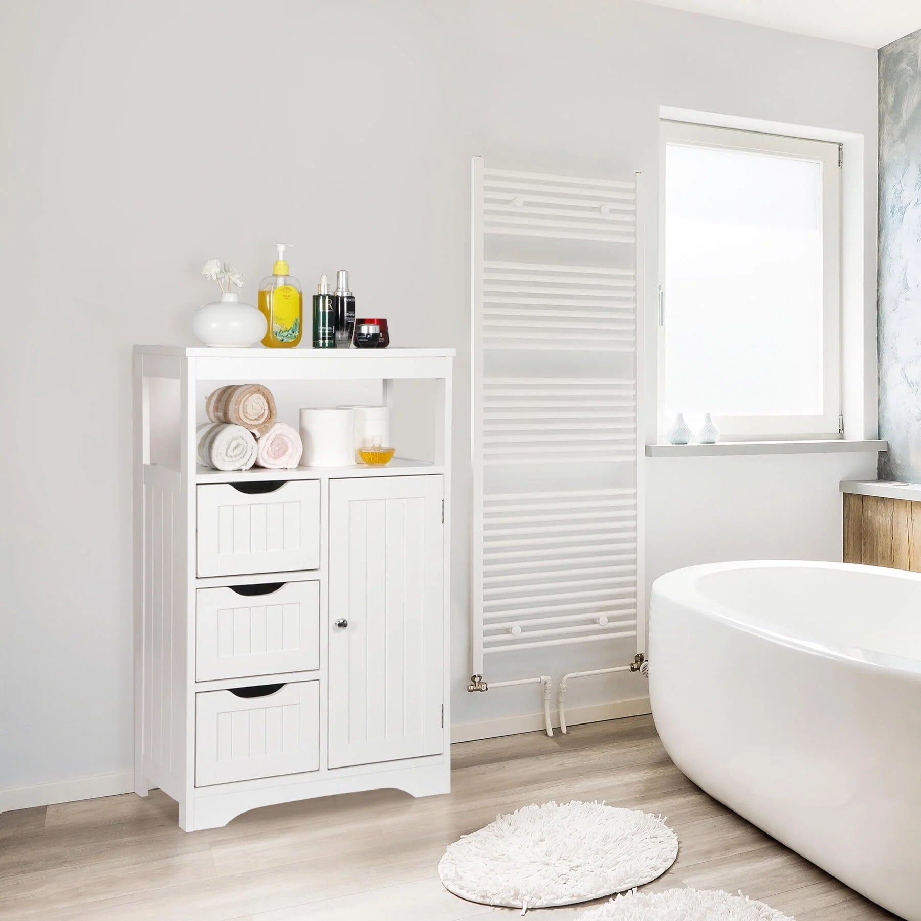 ZENY Bathroom Floor Cabinet, Free Standing Storage Cabinet with 3 Drawers and Adjustable Shelf, Modern Cupboard for Home Living Room Office, White
