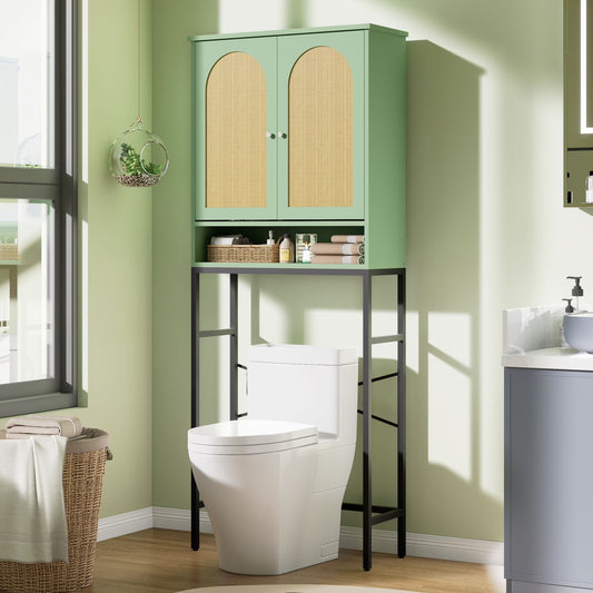 VEANERWOOD Rattan Over The Toilet Storage Cabinet, Bathroom Space-Saving Toilet Rack with Cupboard Metal Stand & Adjustable Shelf, Space Saver