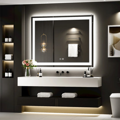 JSneijder 40x32 inch LED Bathroom Mirror, Wall Mounted Frameless Lighted Bathroom Mirror, Dimmable, Anti-Fog, Horizontal/Vertical