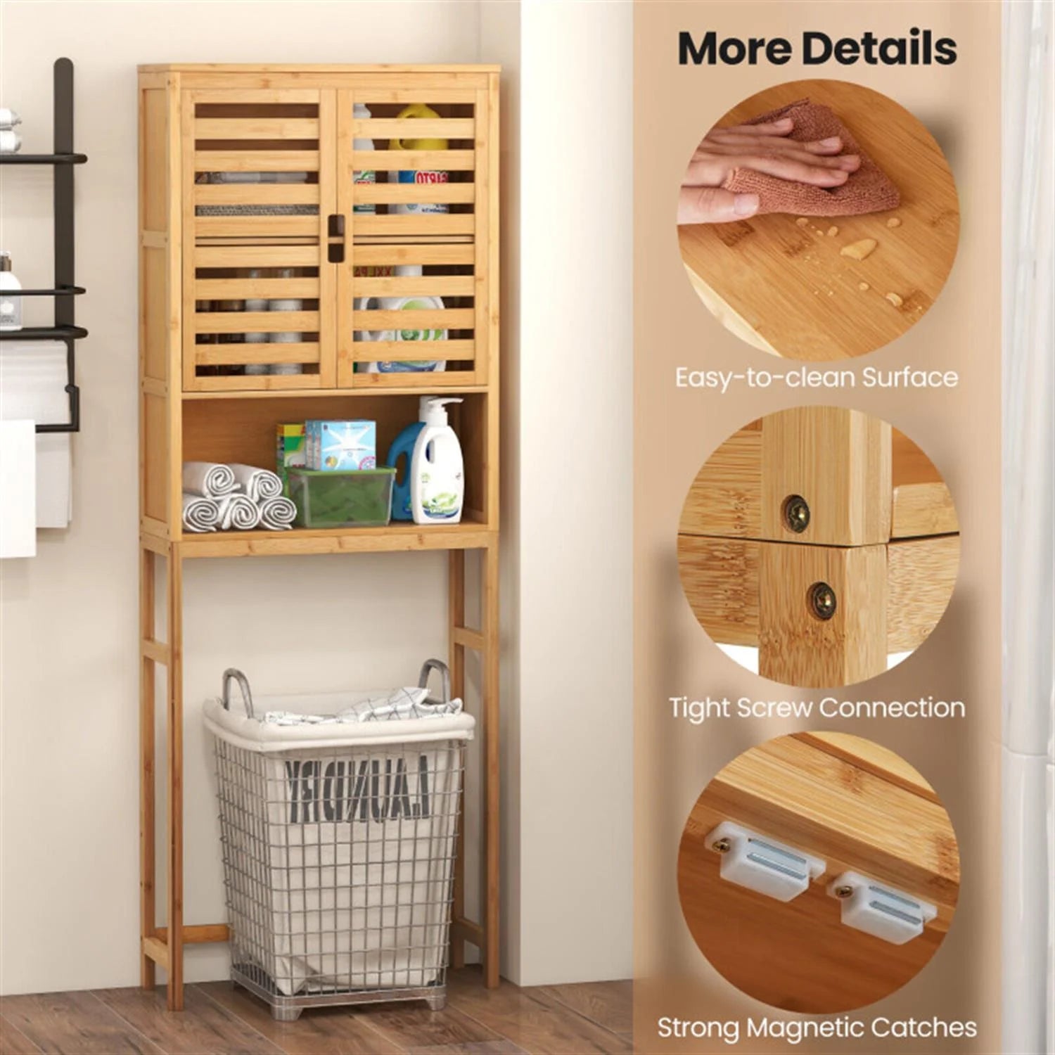 Finihen Bamboo Over The Toilet Storage Cabinet, Tall Bathroom Cabinet Organizer with Cupboard and Adjustable Shelves for Laundry Room, Balcony, Natural