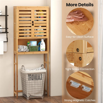 Finihen Bamboo Over The Toilet Storage Cabinet, Tall Bathroom Cabinet Organizer with Cupboard and Adjustable Shelves for Laundry Room, Balcony, Natural