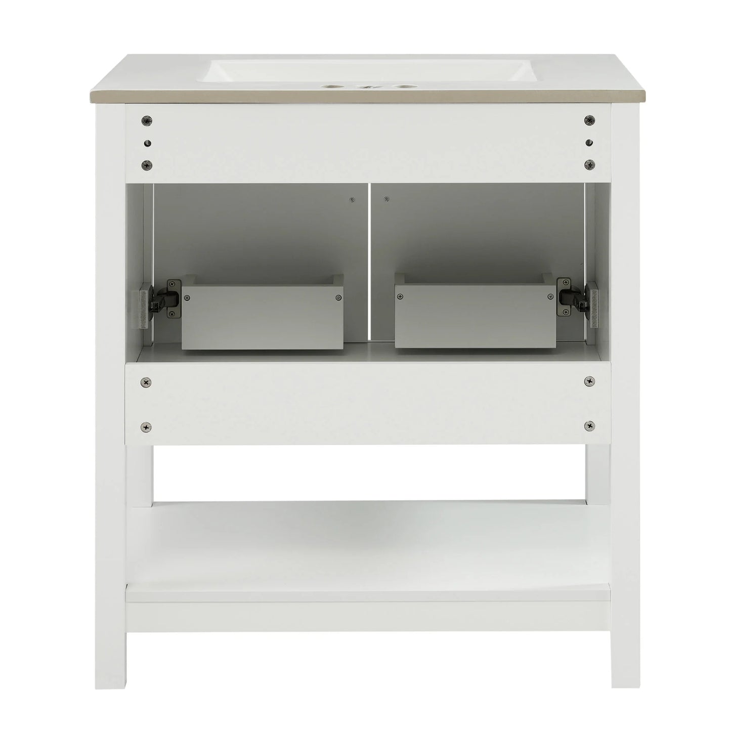 30" Freestanding Single Bathroom Vanity with Ceramic Top and Bottom Open Shelf, White