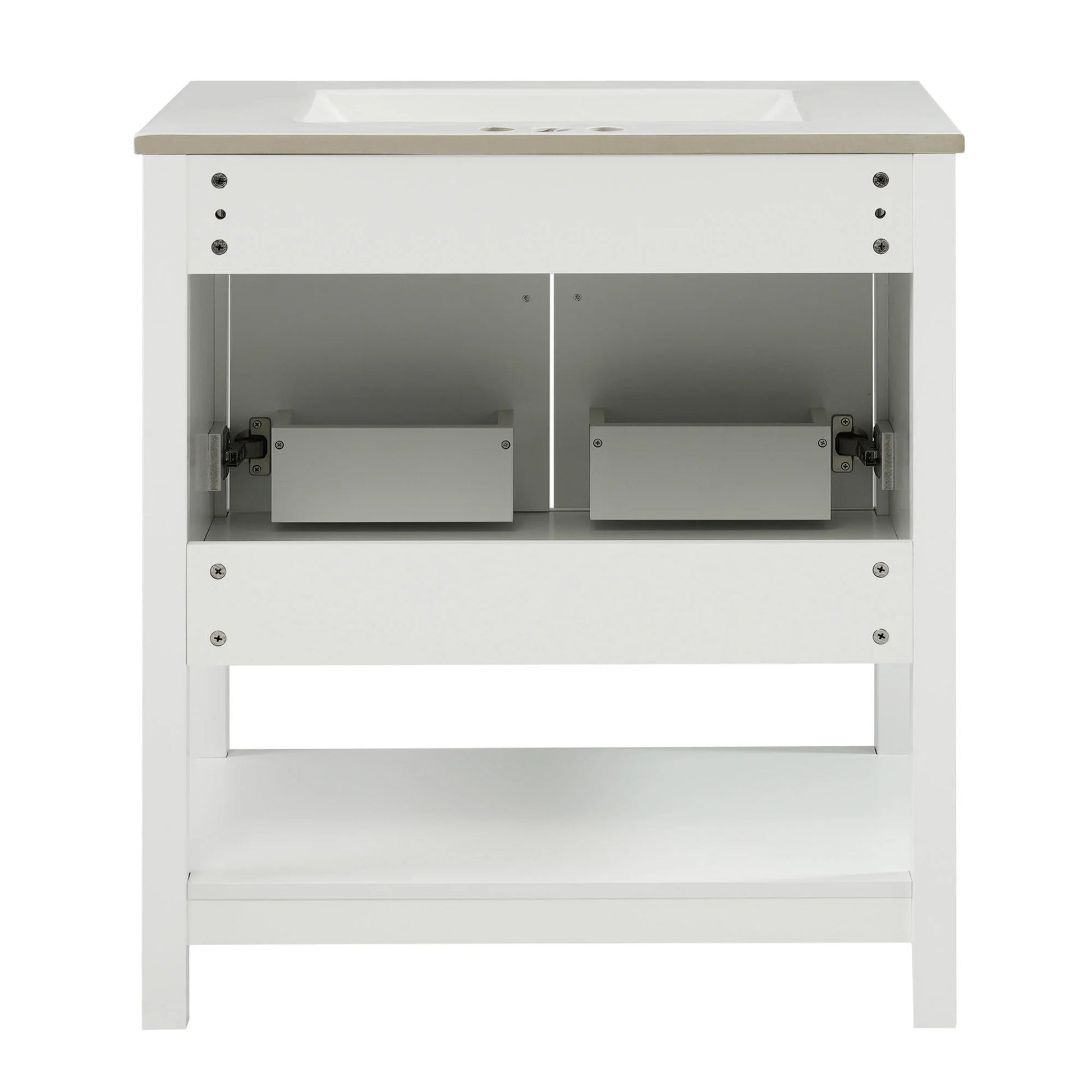 30" Freestanding Single Bathroom Vanity with Ceramic Top and Bottom Open Shelf, White
