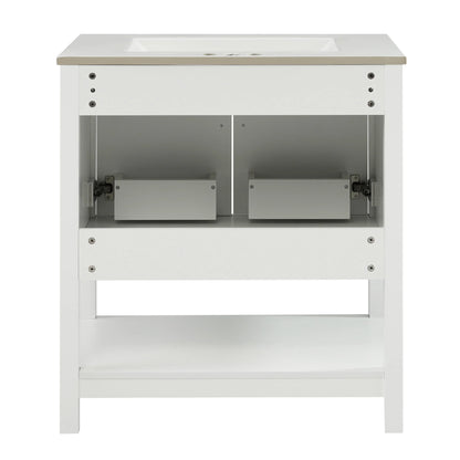 30" Freestanding Single Bathroom Vanity with Ceramic Top and Bottom Open Shelf, White