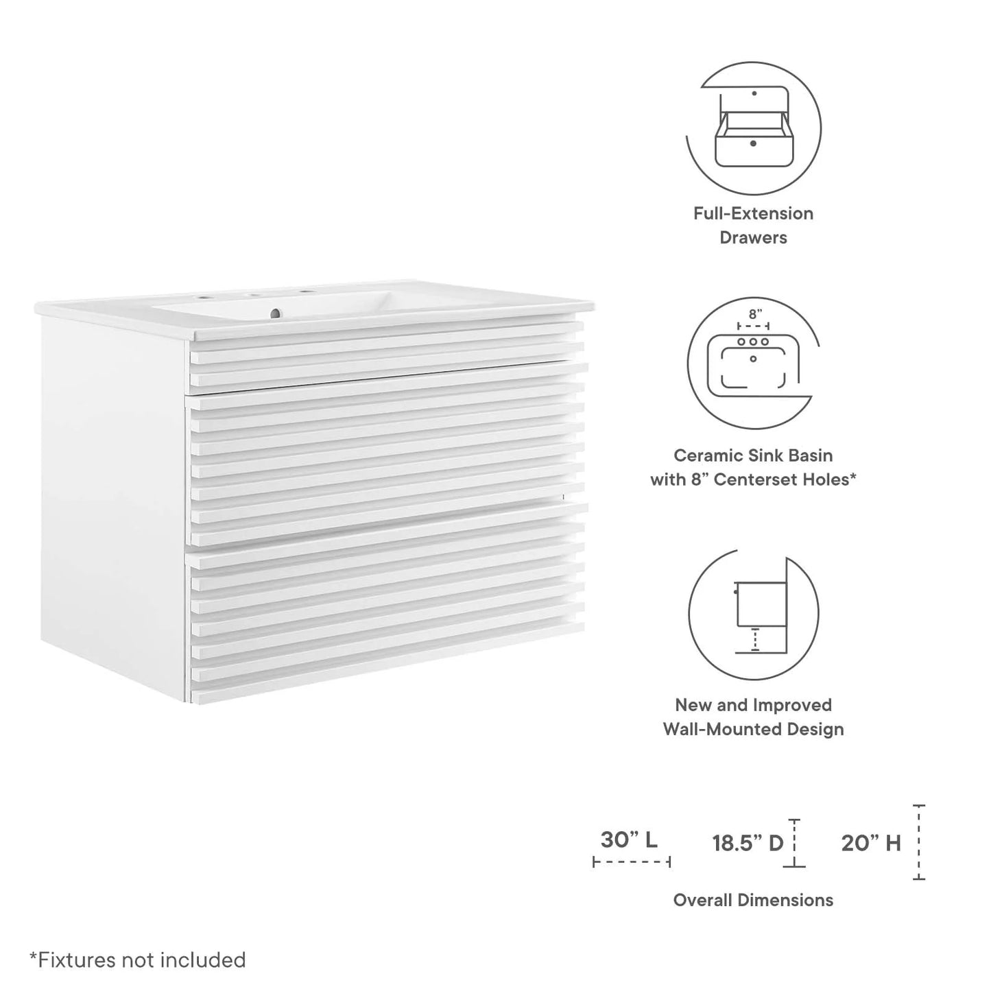 Modway Render 30" Wall-Mount Bathroom Vanity in White White