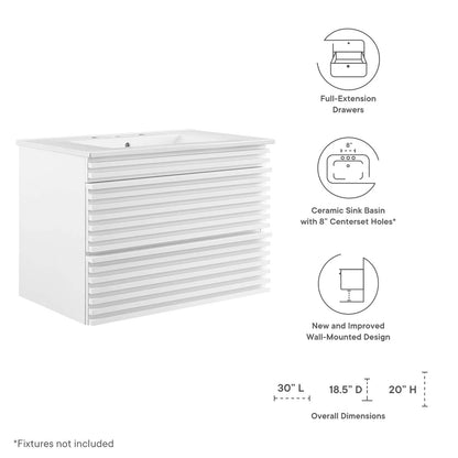 Modway Render 30" Wall-Mount Bathroom Vanity in White White