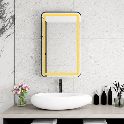 21x34 Inch Gold Medicine Cabinet with LED Mirror, Wall Mounted Bathroom Storage with Adjustable Glass Shelves, Recessed or Surface Mount Design