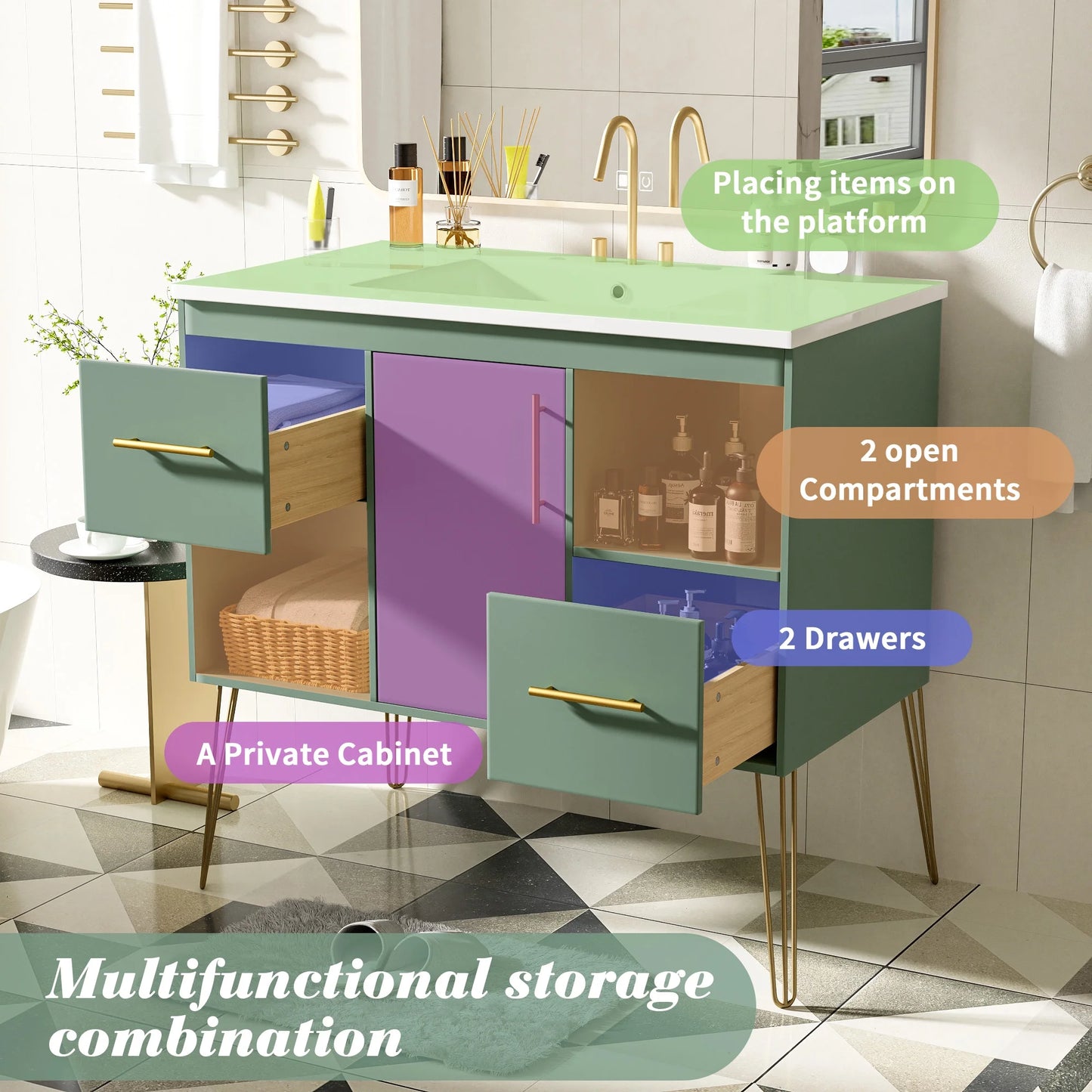 Euroco 36'' Bathroom Vanity with Resin Sink Combo Set, Modern Freestanding Single Bathroom Cabinet with 2 Drawers & 2 Storage Compartments, Storage Cabinet for Bathroom, Solid Wood Frame Vanity Set