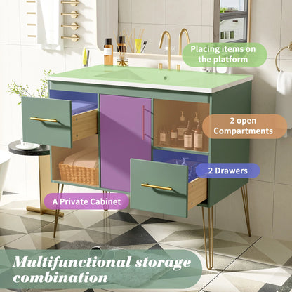 Euroco 36'' Bathroom Vanity with Resin Sink Combo Set, Modern Freestanding Single Bathroom Cabinet with 2 Drawers & 2 Storage Compartments, Storage Cabinet for Bathroom, Solid Wood Frame Vanity Set