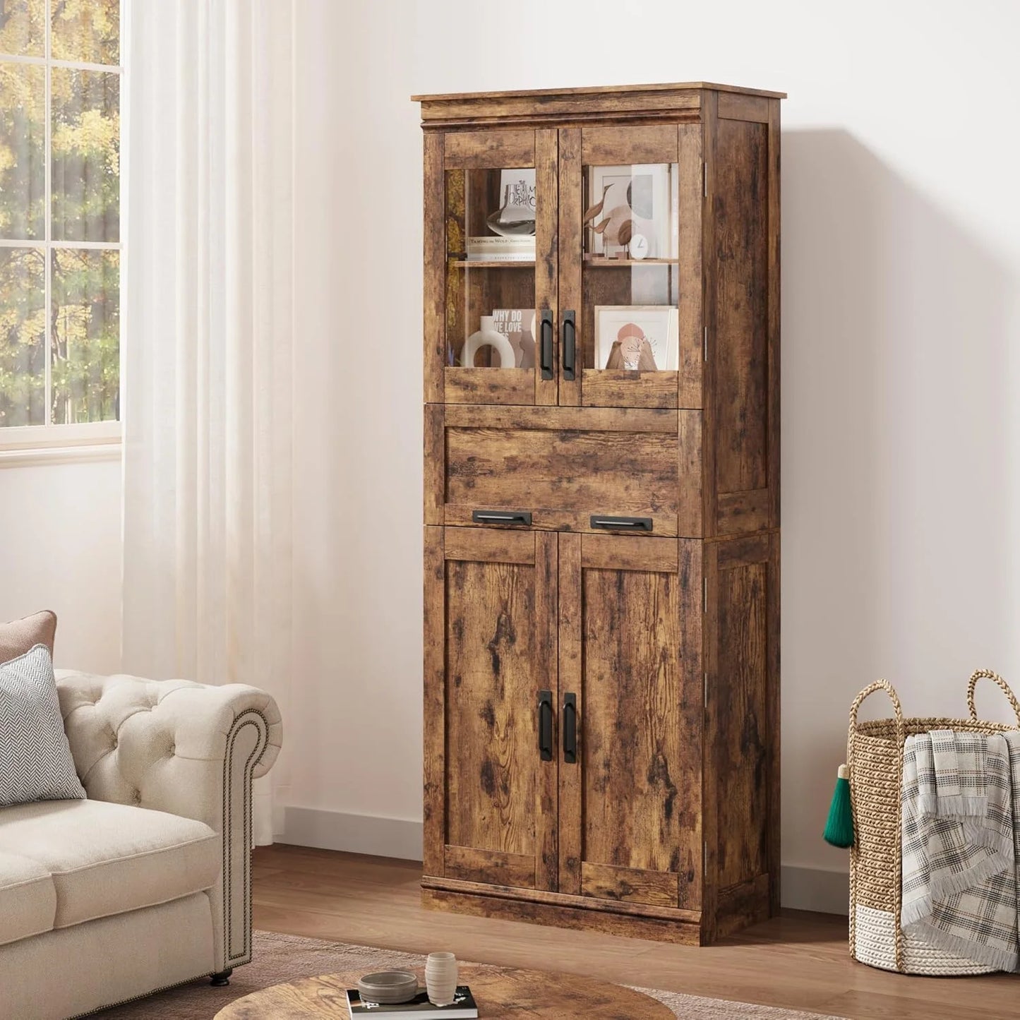 Roromall Bathroom Cabinet, Tall Storage Cabinet with Doors Adjustable Shelf, Freestanding Floor Pantry Cabinet for Kitchen, Living Room, Laundry Room, Home Office