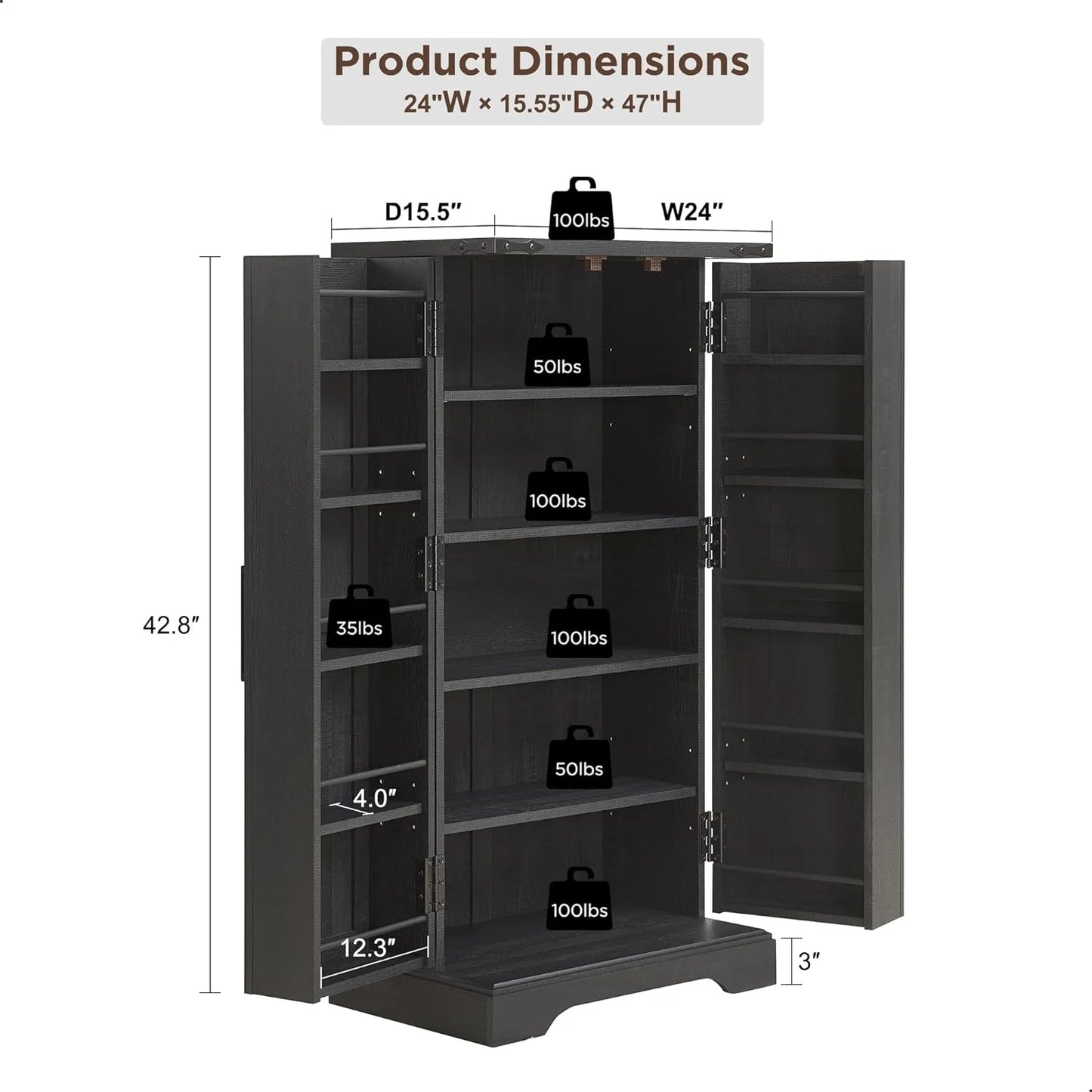 47" Kitchen Pantry, Farmhouse Storage Cabinet with Barn Doors, Organizer and Adjustable Shelves, Rustic Wood Cupboard for Kitchen, Dining Room, Bathroom and Hallway, Black