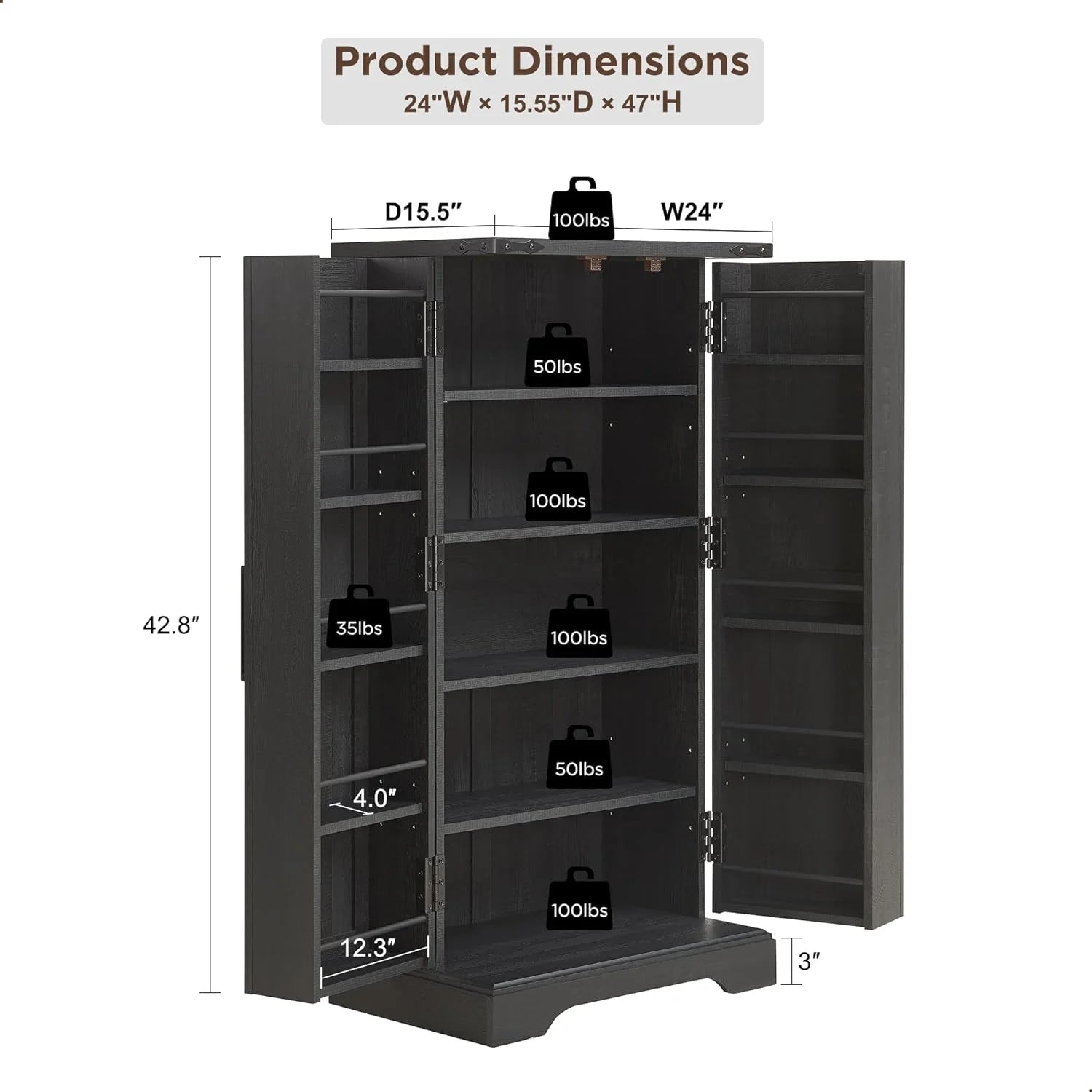 47" Kitchen Pantry, Farmhouse Storage Cabinet with Barn Doors, Organizer and Adjustable Shelves, Rustic Wood Cupboard for Kitchen, Dining Room, Bathroom and Hallway, Black