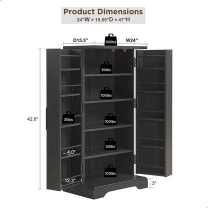 47" Kitchen Pantry, Farmhouse Storage Cabinet with Barn Doors, Organizer and Adjustable Shelves, Rustic Wood Cupboard for Kitchen, Dining Room, Bathroom and Hallway, Black