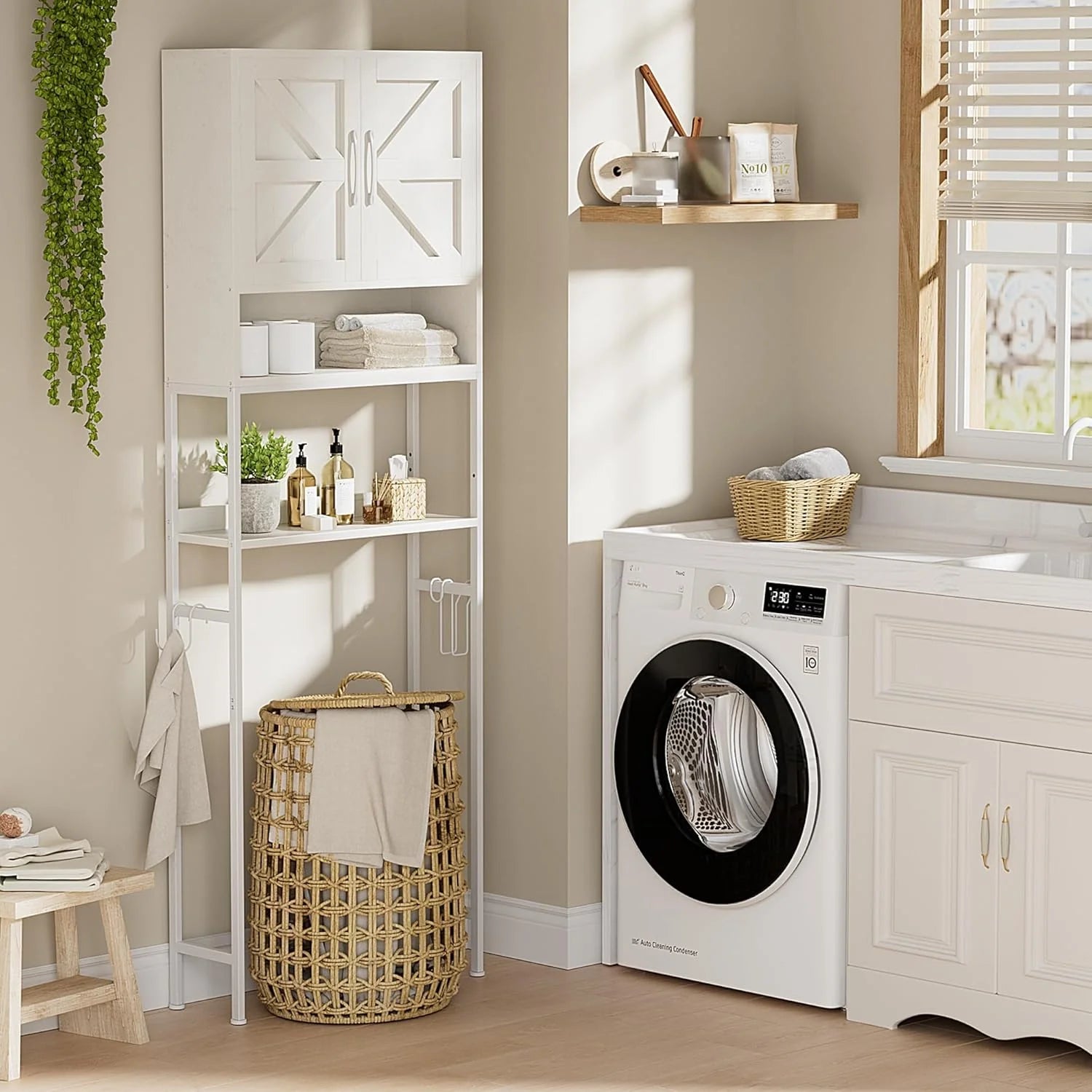 Over The Toilet Storage Cabinet - Farmhouse Bathroom Shelves with Doors Freestanding Organizer Narrow Floor Stand Shelf Above Toilet 71" Tall, Distressed White