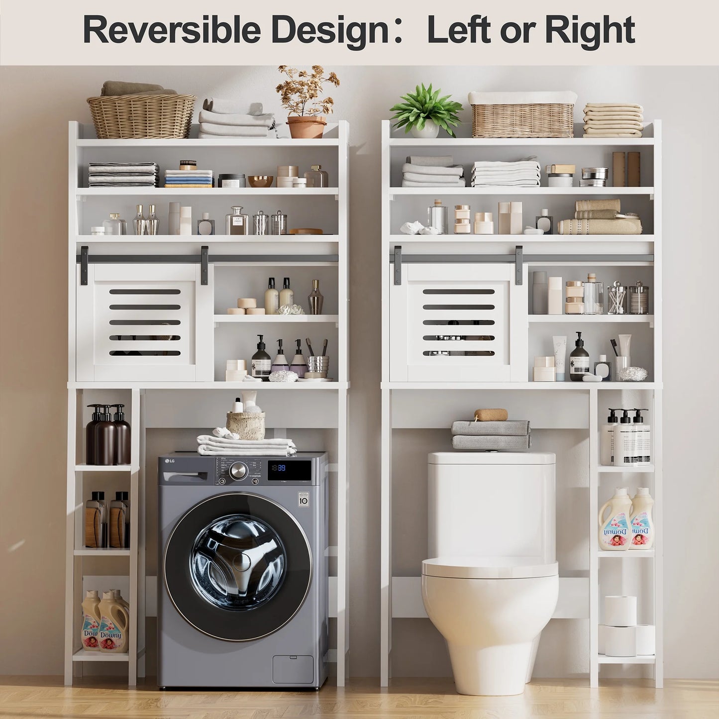 Walsunny Over the Toilet Storage Cabinet with Sliding Barn Door Side Shelves Bathroom Restroom Toilet Shelf Organizer Rack Space Saver Freestanding White