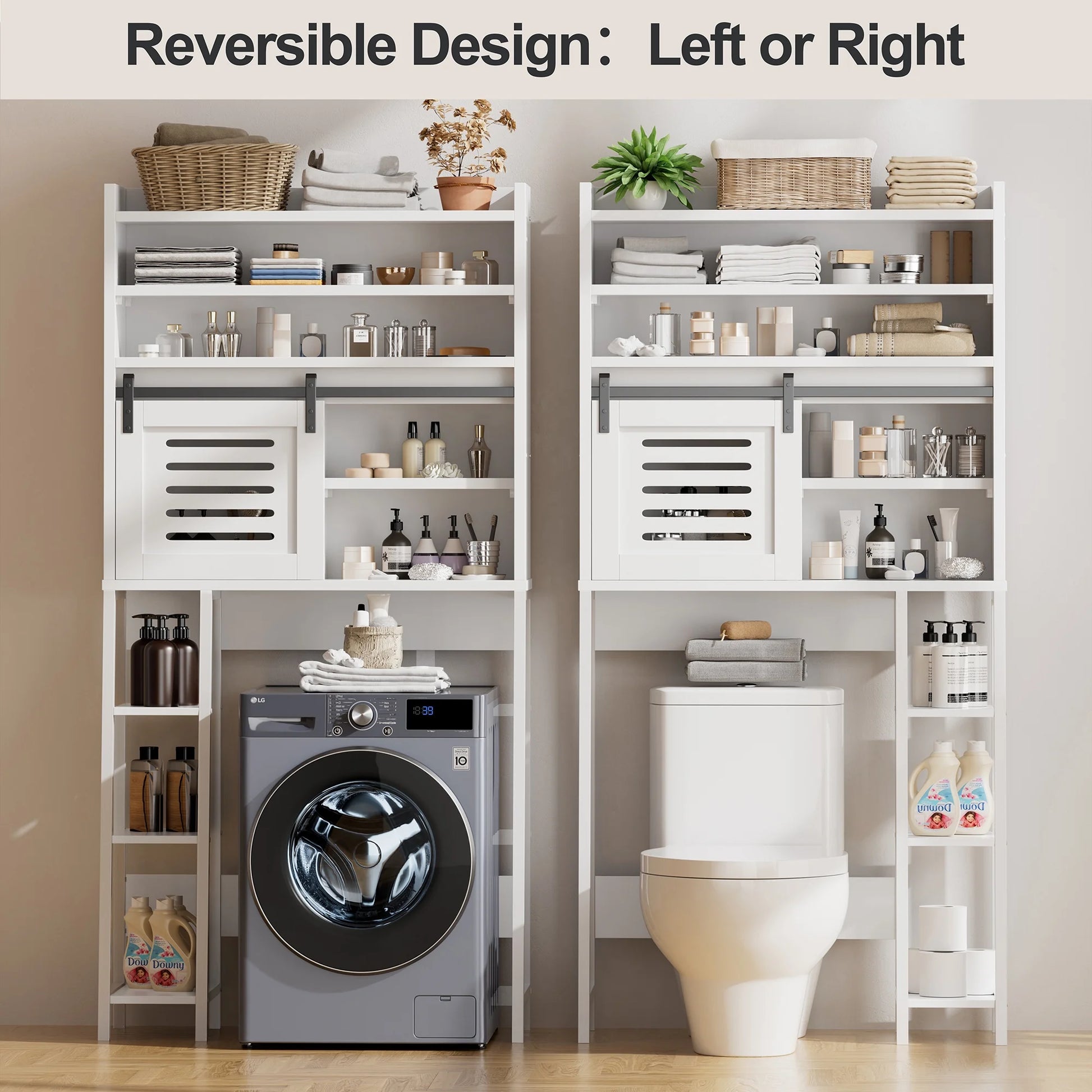 Walsunny Over the Toilet Storage Cabinet with Sliding Barn Door Side Shelves Bathroom Restroom Toilet Shelf Organizer Rack Space Saver Freestanding White