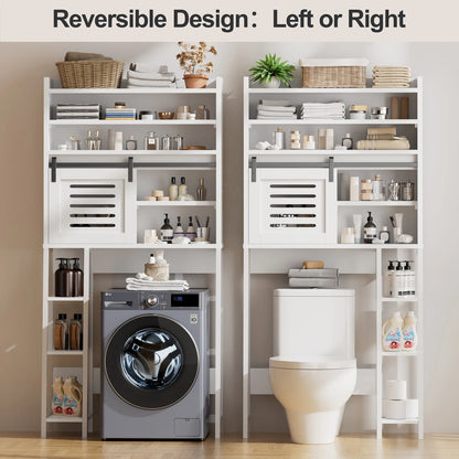 Walsunny Over the Toilet Storage Cabinet with Sliding Barn Door Side Shelves Bathroom Restroom Toilet Shelf Organizer Rack Space Saver Freestanding White
