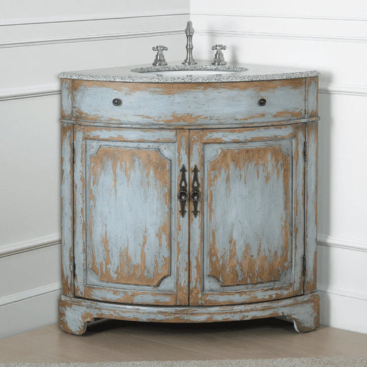 Benton Collection 24" Distressed Gray Corner Bathroom Vanity with White Quartz Top