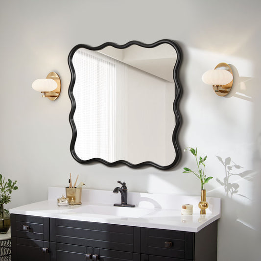 Dasun Solid Wood Wavy Square Mirror-Black 36" x 36" Modern Mirror Wall Decor for Bathroom, Bedroom, Living Room, Dining Room, Cloakroom, Entryway