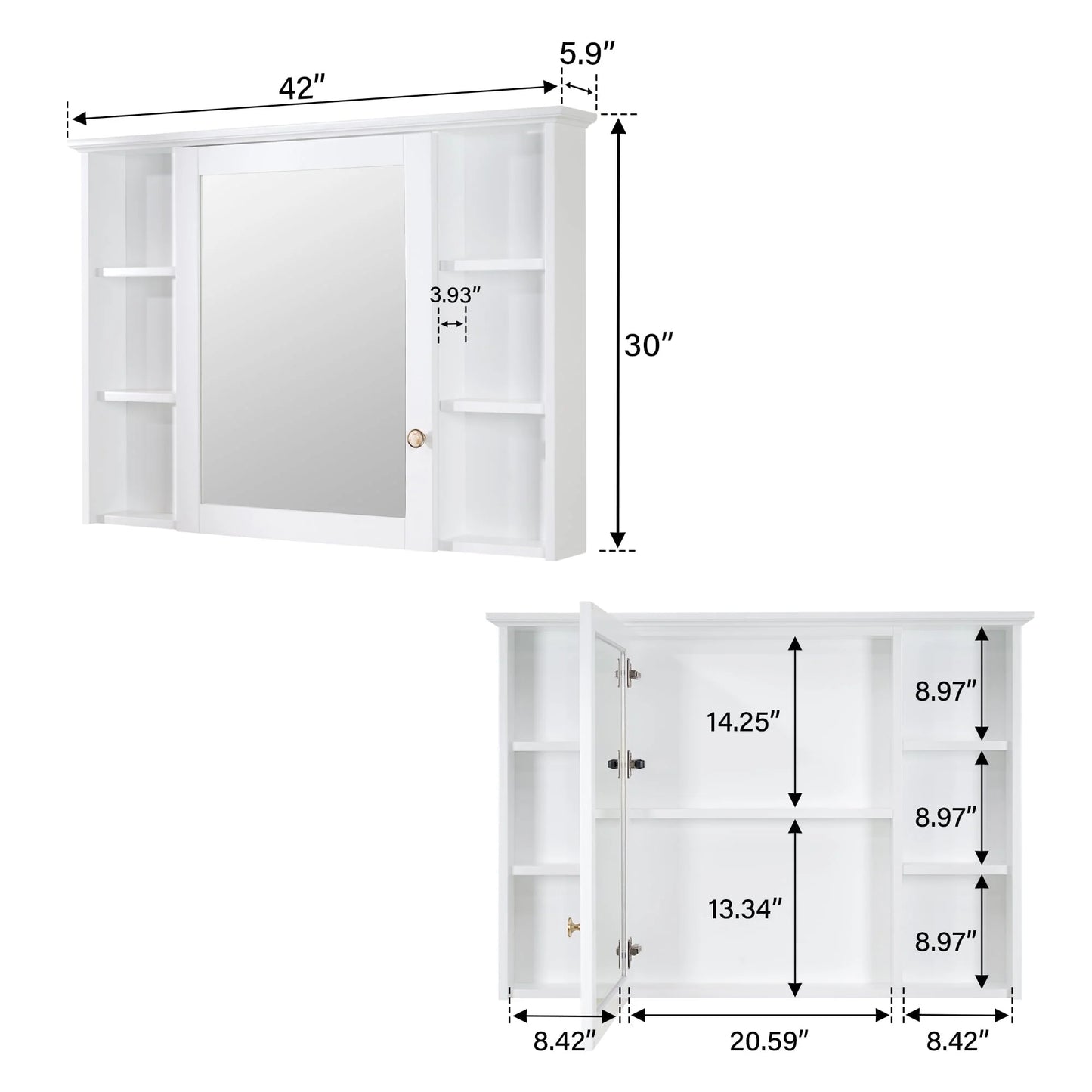 Forclover 42"x 30" Wall Mounted Mirrored Medicine Cabinet for Bathroom, 6 Tier Wood Mirror Cabinet Storage with 1 Soft-close Door, Bathroom Accessory, White