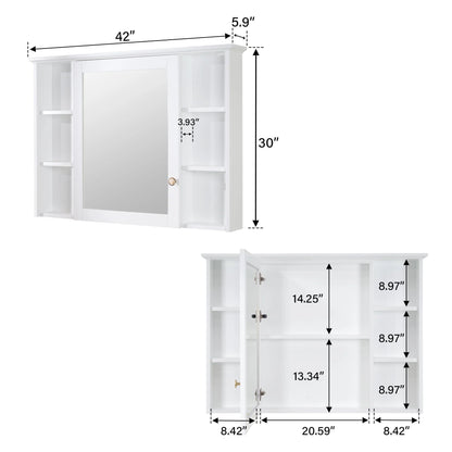 Forclover 42"x 30" Wall Mounted Mirrored Medicine Cabinet for Bathroom, 6 Tier Wood Mirror Cabinet Storage with 1 Soft-close Door, Bathroom Accessory, White