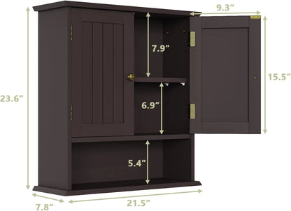 Brown Bathroom Cabinet Wall Mounted, Small Bathroom Medicine Cabinet with 2 Door Adjustable Shelves, Bathroom Wall Cabinet Over Toilet for Laundry Room Kitchen