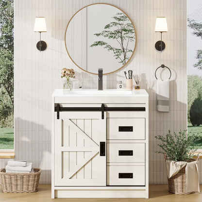 VANACC 31" Farmhouse Sliding Barn Door Bathroom Vanity with Sink Combo, Bathroom Cabinet with Drawers & Metal Handles, Freestanding, Distressed White