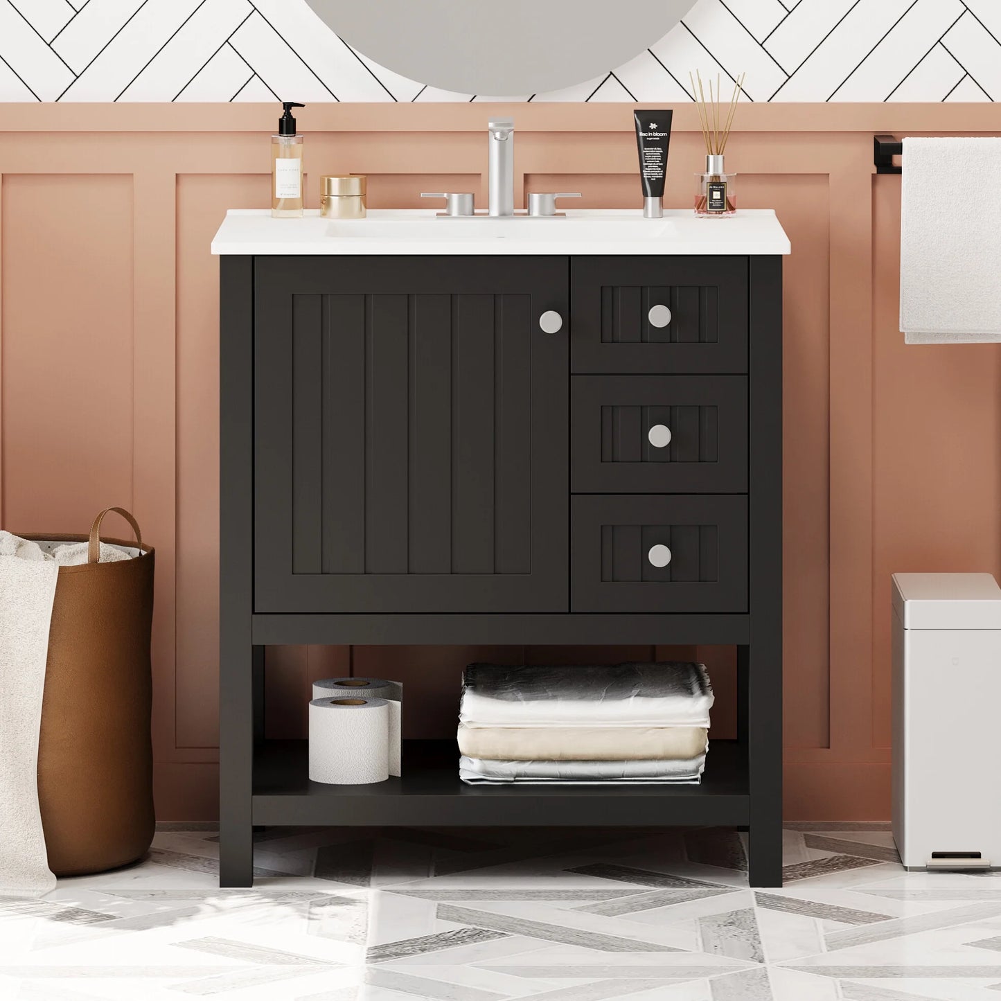 30" Transitional Green Bathroom Vanity with Sink Combo, Solid Wood Storage Cabinet featuring Soft Close Doors & 2 Drawers, Open Shelf, Waterproof Design & Easy Assembly for Modern Bathrooms