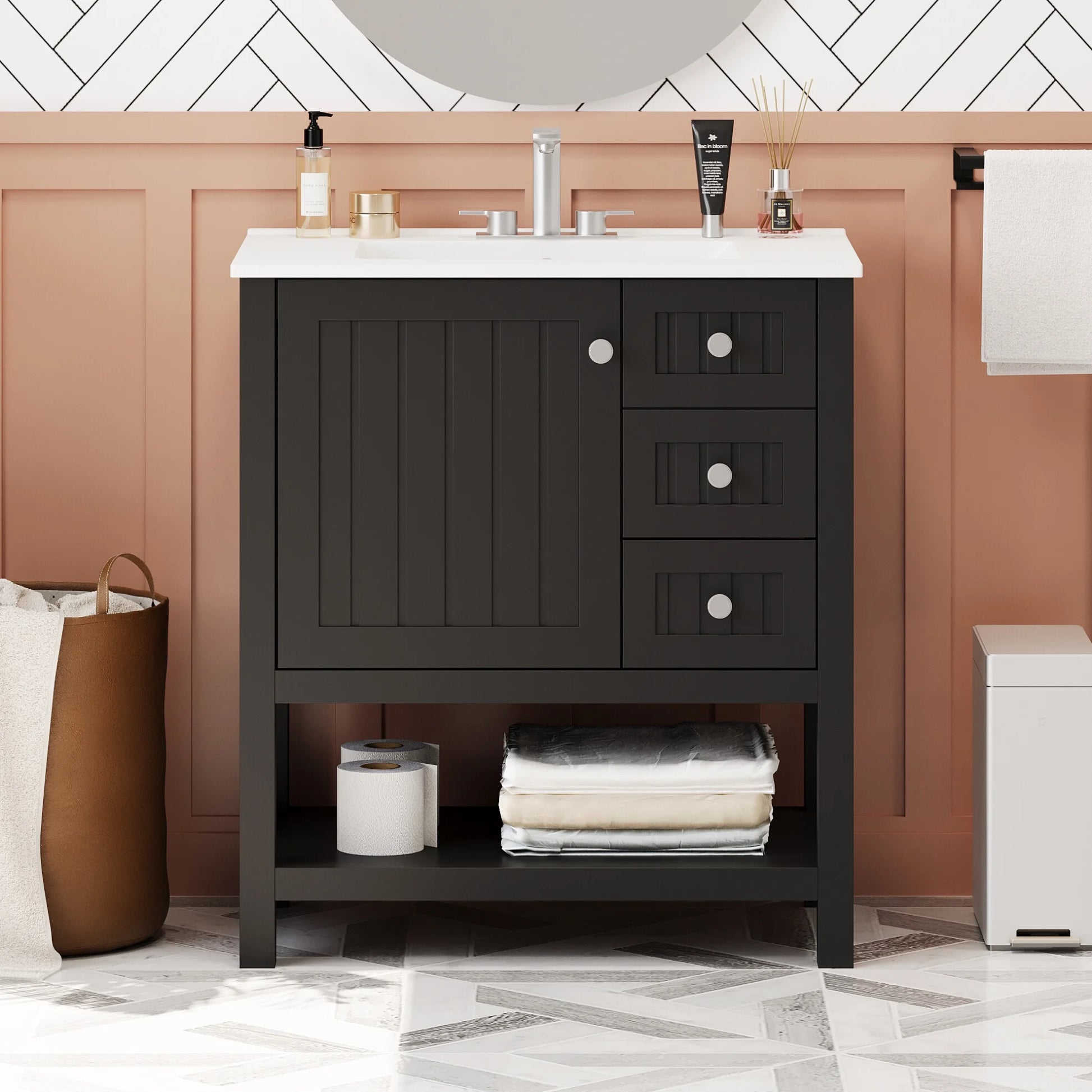 30" Transitional Green Bathroom Vanity with Sink Combo, Solid Wood Storage Cabinet featuring Soft Close Doors & 2 Drawers, Open Shelf, Waterproof Design & Easy Assembly for Modern Bathrooms