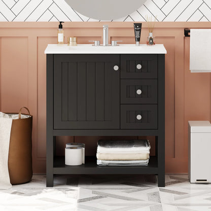 30" Transitional Green Bathroom Vanity with Sink Combo, Solid Wood Storage Cabinet featuring Soft Close Doors & 2 Drawers, Open Shelf, Waterproof Design & Easy Assembly for Modern Bathrooms