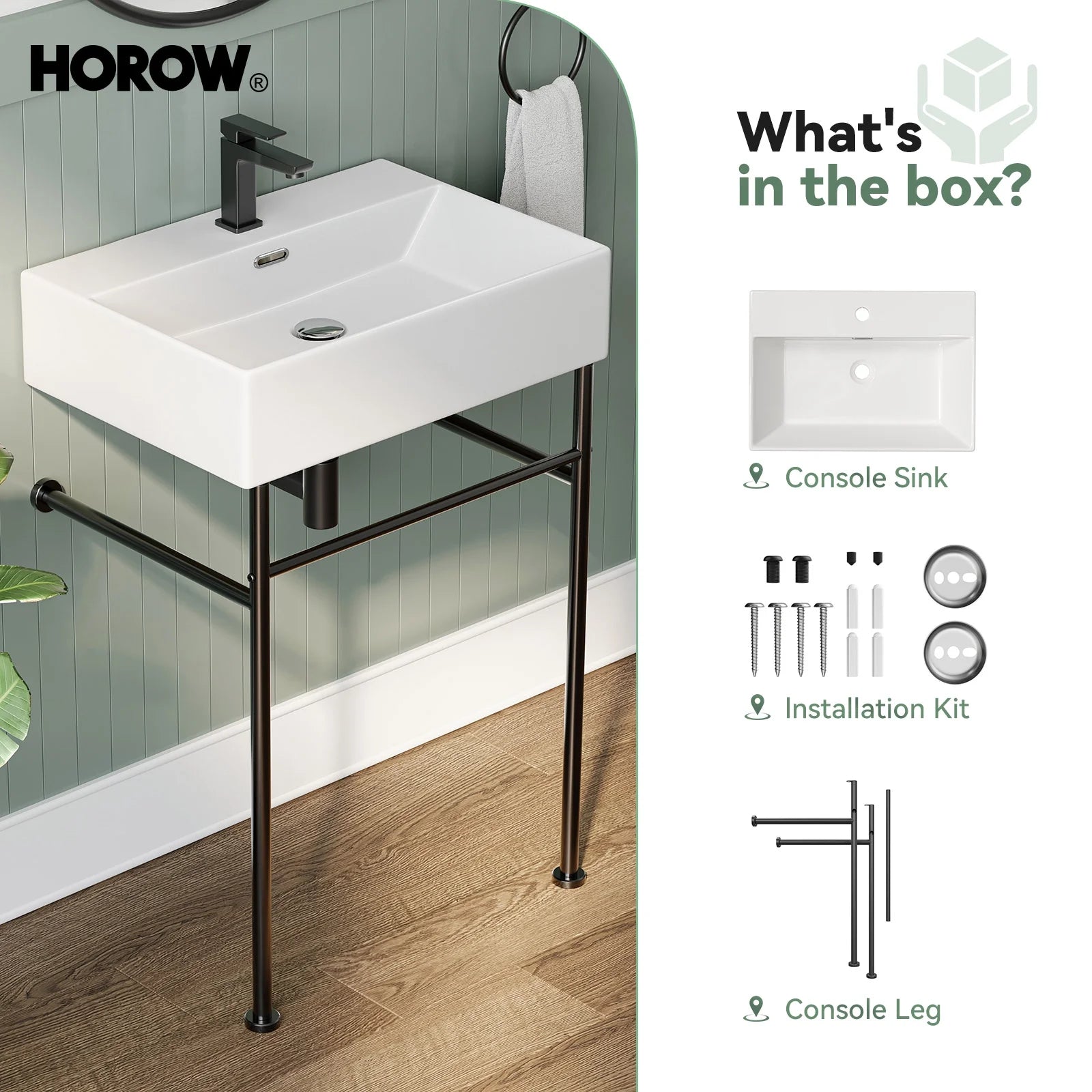 HOROW 24" Console Bathroom Sink,Free Standing 30 Inch Stainless Steel Support Pedestal Legs, Matte Black