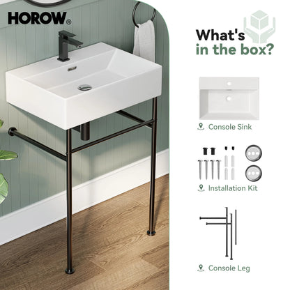 HOROW 24" Console Bathroom Sink,Free Standing 30 Inch Stainless Steel Support Pedestal Legs, Matte Black