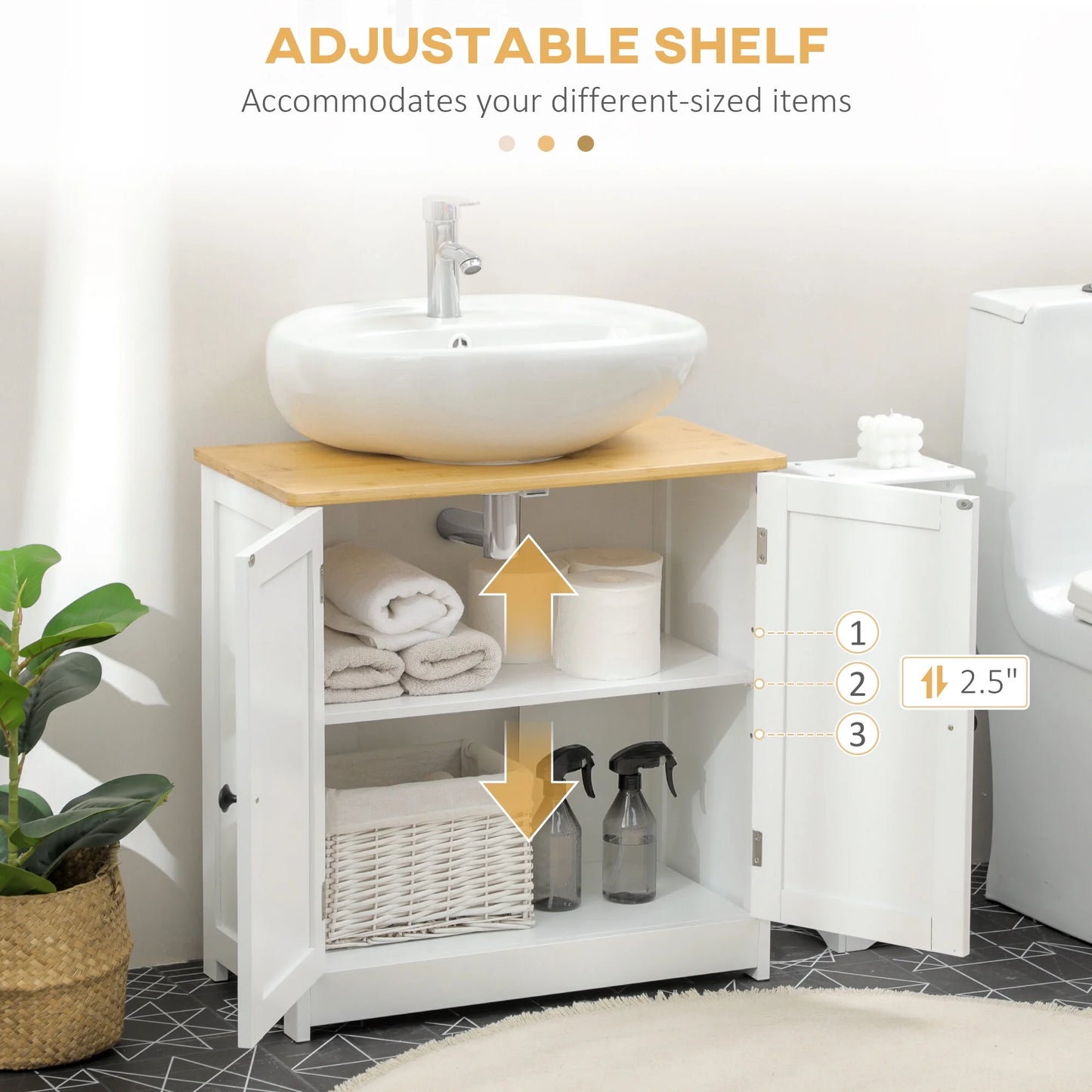 Kleankin Modern Bathroom Under Sink Cabinet,Bathroom Vanity for Wall Mount Sink,Storage Cabinet with Double Doors and Adjustable Shelf,White,White Mdf Bath Faucets Bathroom Storage
