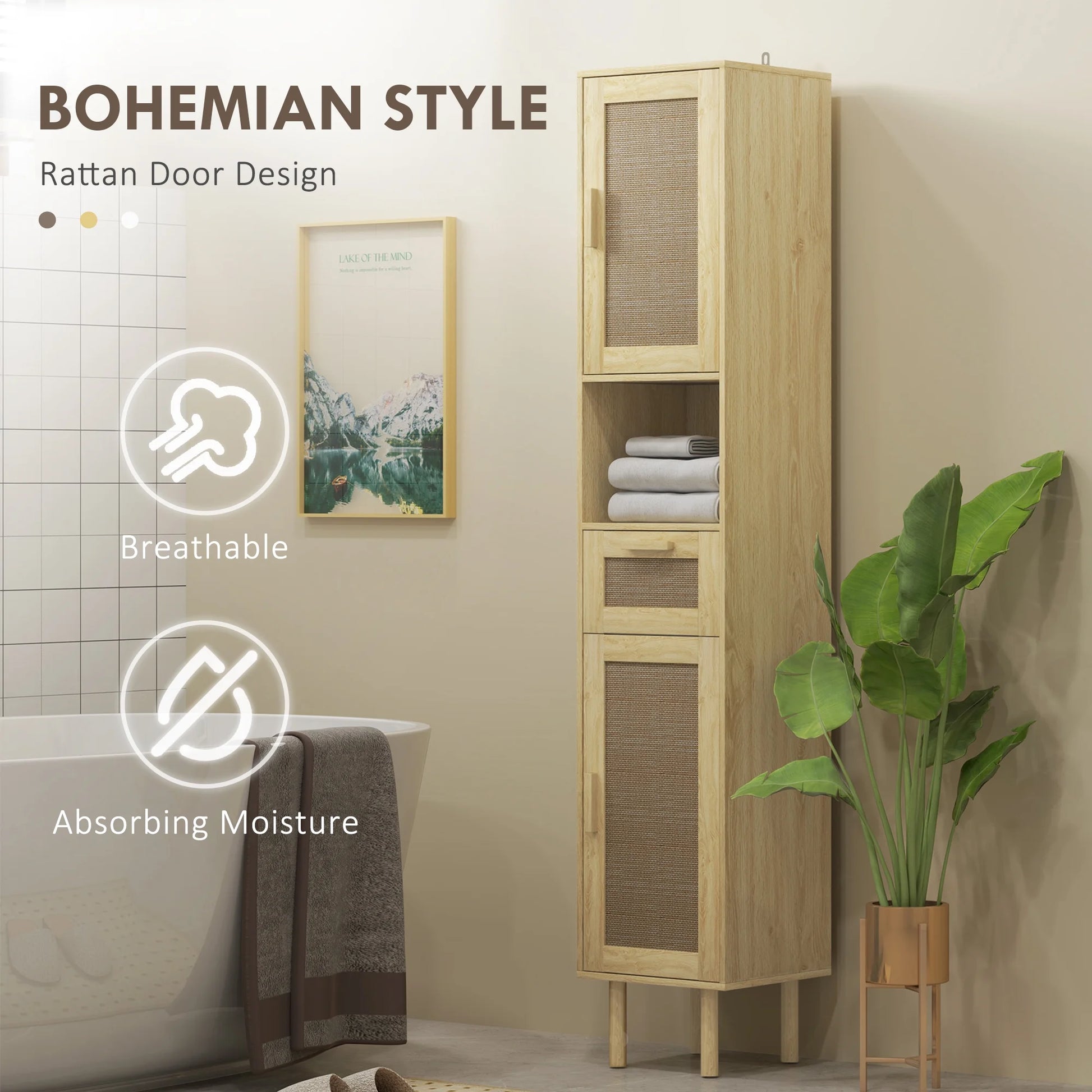 HOMCOM Tall Bathroom Storage Cabinet with Rattan Doors, Distressed Oak