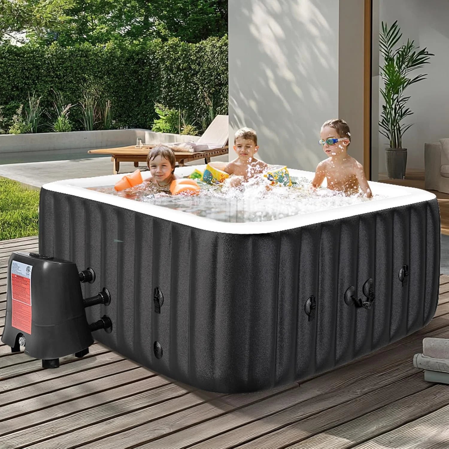 73 inch Outdoor Inflatable Hot Tub with 130 Bubble Air Jets, 4-6 Person Square Portable Hottub Spa with LED Control Panel, Blow Up Spa Bathtub with 2 Filter, Temperature up to 104��F