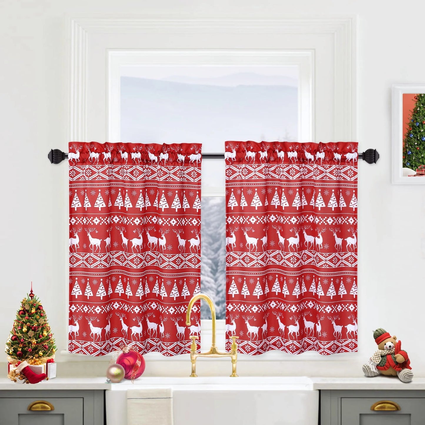 ZACOO 26"Wx24"L Red Christmas Kitchen Curtains Xmas Tree and Deer Pattern Bathroom Window Curtain Boho Style Half Window Curtains Light Filtering, Set of 2