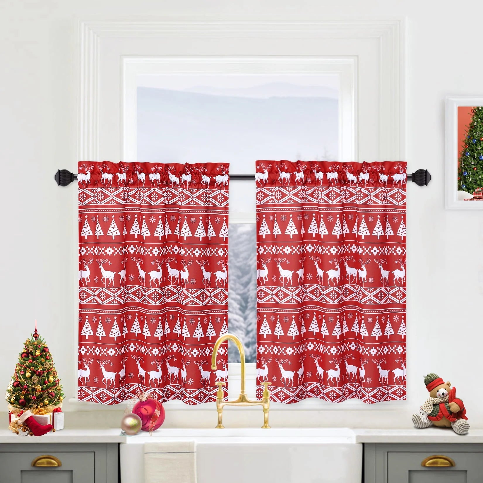 ZACOO 26"Wx24"L Red Christmas Kitchen Curtains Xmas Tree and Deer Pattern Bathroom Window Curtain Boho Style Half Window Curtains Light Filtering, Set of 2
