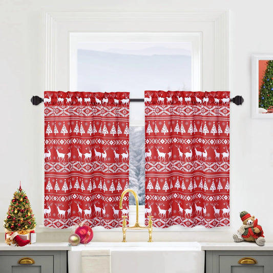 ZACOO 26"Wx24"L Red Christmas Kitchen Curtains Xmas Tree and Deer Pattern Bathroom Window Curtain Boho Style Half Window Curtains Light Filtering, Set of 2