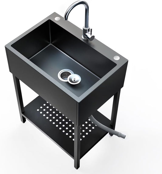 26" Freestanding Utility Sink, Single Bowl Kitchen Sinks w/Storage Shelve, Black Heavy Duty Sinks with Cold & Hot Water Pipe for Commercial Laundry Room Bathroom Farmhouse
