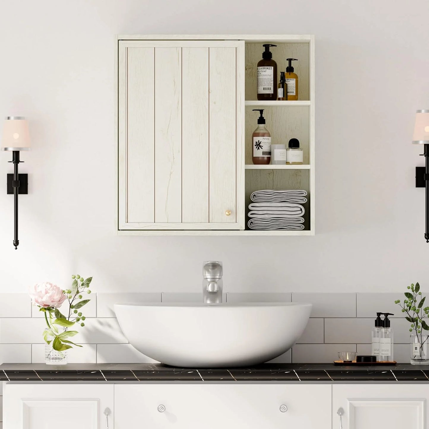 ANHDAH Rustic Wall Cabinet - Wooden Bathroom Storage with Shelf, Over-Toilet Mounted Cupboard for Kitchen, Laundry, Garage (Brown)
