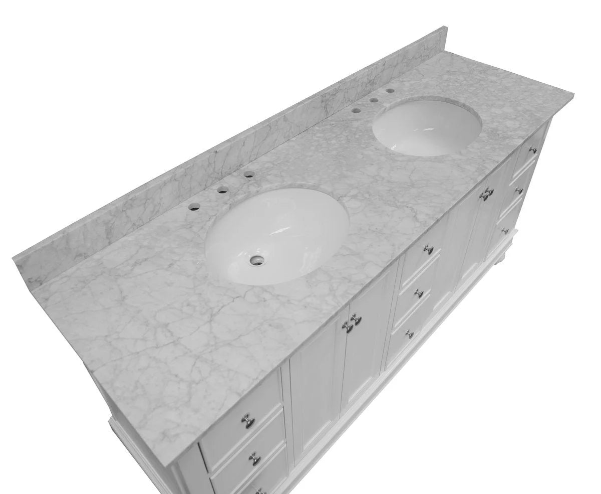 Bella 72" Double Bathroom Vanity with White Cabinet and Carrara Marble Top