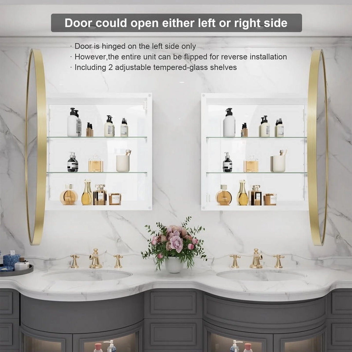 WallBeyond Bathroom Medicine Cabinet with Round Mirror Aluminum Framed 28", Gold