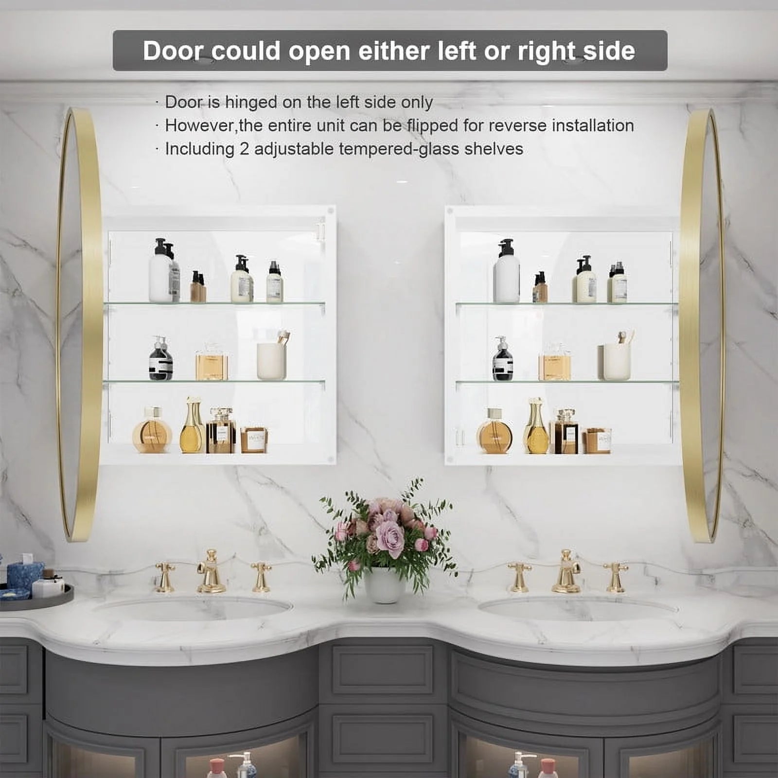 WallBeyond Bathroom Medicine Cabinet with Round Mirror Aluminum Framed 28", Gold