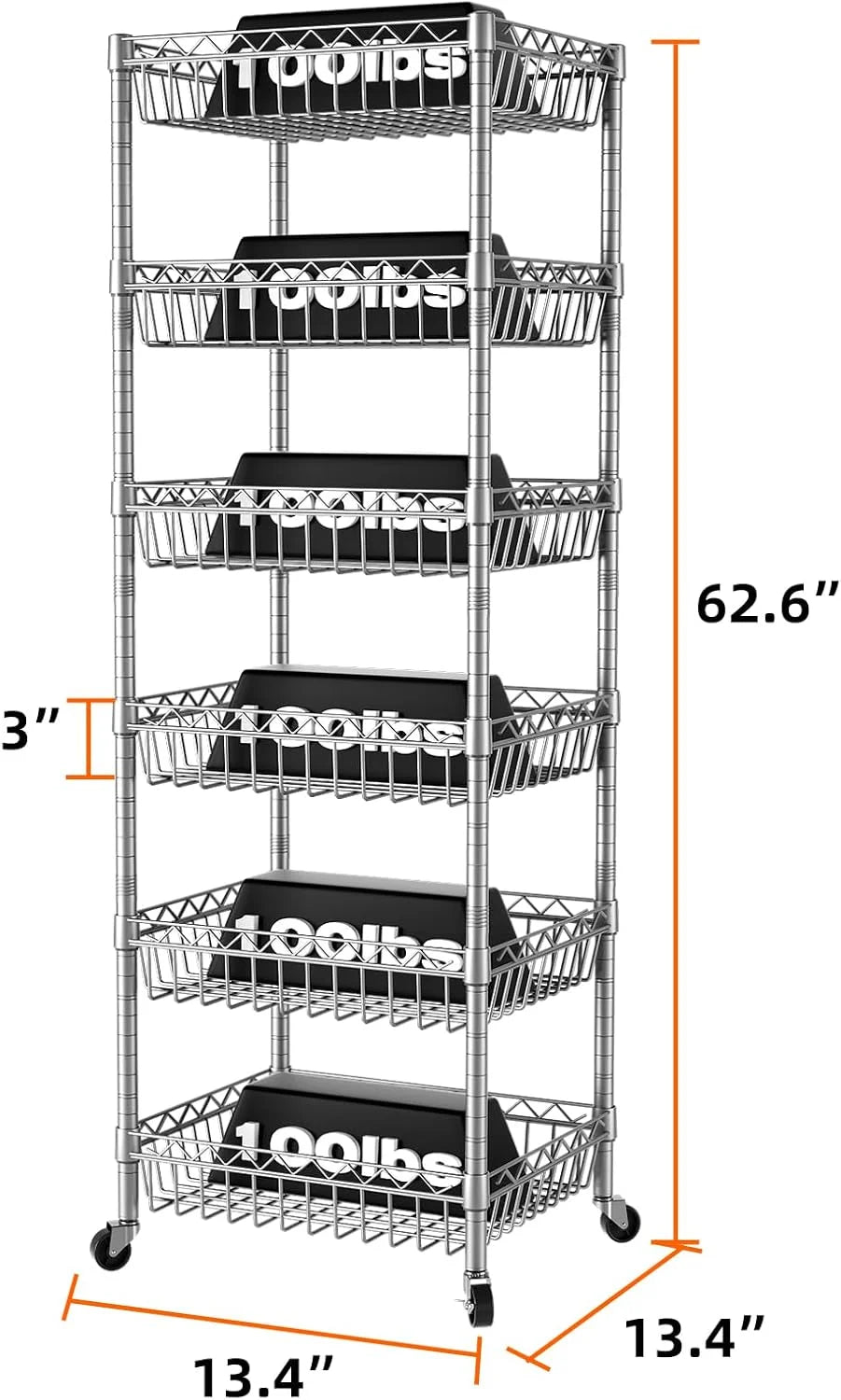 6 Tier Wire Shelving Unit with Wheels Baskets Storage Rack Corner Shelves Adjustable Shelf Closet Bathroom Organizers Metal Pantry Kitchen Garage Laundry Room 13.5" D x 13.5" W x 63" H White