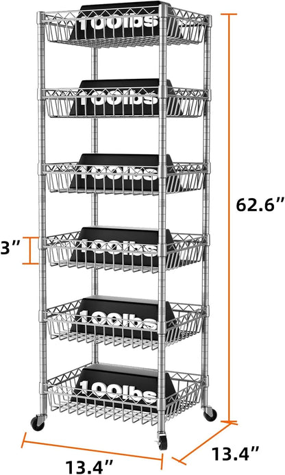 6 Tier Wire Shelving Unit with Wheels Baskets Storage Rack Corner Shelves Adjustable Shelf Closet Bathroom Organizers Metal Pantry Kitchen Garage Laundry Room 13.5" D x 13.5" W x 63" H White